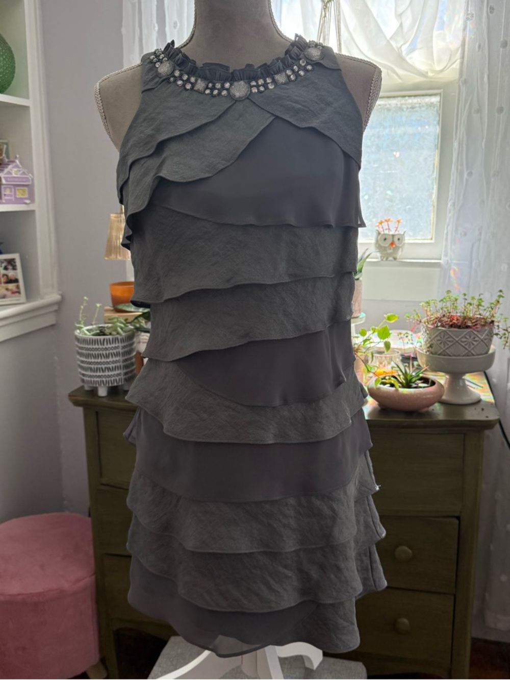 S.L. Fashions Gray Sleeveless Tiered Ruffle Dress with Beaded Neckline